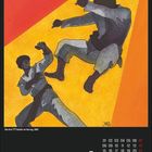 März-Kalenderblatt mit Text "Die drei ??? Gefahr im Verzug, 1992", zeigt kämpfende Figuren in Karateanzügen auf gelbem Hintergrund.