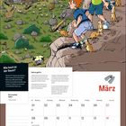 "März" in Rot. "Wie hoch ist der Baum?" Anleitung mit drei Kindern, die auf einem Felsen inmitten von Tieren stehen.