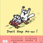 Text: "Don't Stop Me-ow!" Illustration von zwei fröhlichen Comic-Katzen auf einem Skateboard. Unten Kalender für März.