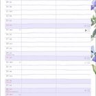 MÄRZ-Kalenderillustration mit Veilchenmotiven und Bienen. Feiertage wie Internationaler Frauentag und Ostern markiert.