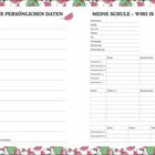 Formular mit persönlichen Daten und Schulinformationen. Bunte Ränder mit Wassermelonen und niedlichen Katzenmotiven.