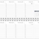 Kalenderseite mit Wochenübersicht. Tage Montag bis Sonntag, Uhrzeiten von 07 bis 19 Uhr, Monatsübersicht oben.