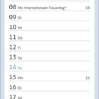 März-Kalender: Internationale Frauentag am 8., Frühlingsanfang am 20., Karfreitag am 26., Ostern am 28., Leuchtturm bei Sturm.