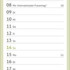 Kalenderseite März mit Terminen: 8. Internationaler Frauentag, 20. Frühlingsanfang, 26. Karfreitag, 28.-29. Ostern.