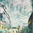 Eine futuristische Stadtansicht. Unten ein bunt bemalter Käfer und eine Person in farbenfrohem Outfit.