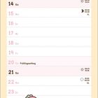 Kalender für März mit Notizen zu Feiertagen. Illustrationen: Croissant, Milchshake, Erdbeere, Katze mit "smile every day".