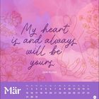 „My heart is and always will be yours.“ Jane Austen. März-Kalender mit lila Blumen und ineinander verschlungenen Händen.
