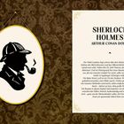 Titel: "Sherlock Holmes" von Arthur Conan Doyle. Beschreibung: Sherlock Holmes in London, detailliert auf einem Text mit einem Schwarz-Weiß-Profil mit Pfeife auf Tapetenhintergrund.