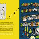 Text erklärt die Weisen vor König Herodes, der sie weiter nach Bethlehem schickt. Illustrierte Szene mit Königen, Stadt und Stern.