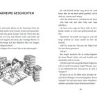 Text: "GEHEIME GESCHICHTEN" oben. Illustration: Ein Mädchen mit Brille liest ein großes aufgeschlagenes Buch, umgeben von Büchern.