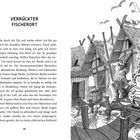 Text: "VERRÜCKTER FISCHERORT"

Illustration: Ein Junge läuft auf Stegen an einem Fischerdorf entlang, Möwen fliegen darüber.