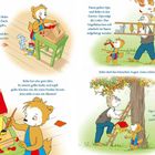 Texte: Bobo streicht Farbe; Opa trägt die Leiter; Gelbe Kleckse: Blumen; Opa klettert.  
Illustration eines Teddybären.