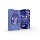 „Haus der Schatten“ vorn. Zwei Fantasy-Bücher in Blautönen, mit Drachenmotiv und Krone.