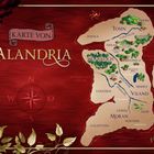 Karte von Alandria: Eine fantasievolle Landkarte mit Kompassrose, Bergen, Flüssen und Orten wie Woodloch und Bryonica.