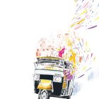 Eine Tuk-Tuk-Illustration voller lebendiger Farben wirbelt Menschen und Energie umher.