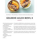 "GOLDENE-MILCH-BOWL, herbstlich. Für 4 Personen, 30 Min. Zubereitung. Zutaten wie Hiredrink, Hirseflocken, Kurkuma, Trauben, Kakis. Foto: Zwei farbenfrohe, mit Obst garnierte Schüsseln."