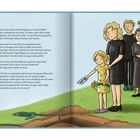 Text links: Eindrücke einer Beerdigung und Abschied am Grab. Rechts: Illustration von Menschen in Trauerkleidung, Kind mit Brief und Blumen.