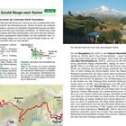 „Über die Zuruldi Range nach Tsvirmi“ beschreibt eine Wanderroute. Ein Bild zeigt Dorf und Berg. Karte und Höhenprofil unten.