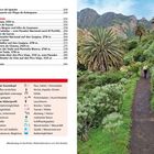 Seite mit Wanderweg-Texten und Symbolen. Pfad durch üppige Vegetation, Palmen, grüne Hügel im Hintergrund.