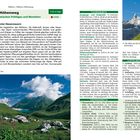 Titel: "Rätikon-Höhenweg". Untertitel: "Grenzgang zwischen Prättigau und Montafon". Tourdauer: "4 bis 6 Tage", Schwierigkeitsgrad: "mittel". Text über "Blumenparadies unter Riesenmauern". Tourinfo gibt Start- und Endpunkt, Anforderungen, Höhenunterschied und Informationen an. Bild, in der Ecke, zeigt Bergpanorama mit grüner Wiese und felsigen Gipfeln unter blauem Himmel.