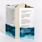 Es sind Zitate und Rezensionen zu einem Buch aufgedruckt. Unten ist ein blau-grünes abstraktes Muster.