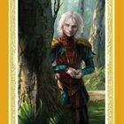 Illustration: Ein Mensch mit weißem Haar in bunter, mittelalterlicher Kleidung steht im Wald hinter einem Baum.