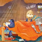 Freunde kuscheln im Bett. Text: "Ich bin froh, dass du so stark bist." Illustration zeigt Tiere unter einer Decke.