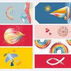 Sechs farbenfrohe Anhänger: Regenbogen, Gleiter, Heißluftballon, Herzen, Vogel und Fischsymbol.