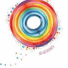 "Sei gesegnet!" in roten Buchstaben neben konzentrischen Regenbogenringen mit bunten Punkten.