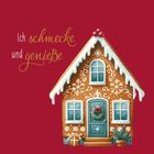 Text: "Ich schmecke und genieße". Illustration: Lebkuchenhaus mit Schnee und weihnachtlicher Dekoration.
