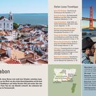 Stefan Loose Reisetipps über Lissabon. Ansicht mit Stadt und Fluss, roter Brücke, einem Künstler bei der Arbeit, Karte von Lissabon.