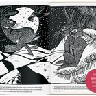 Text: „De rivier lag in het dal en stroomde breed en vredig.“ Schwarze Li­nolschnitt­illustration zeigt Hasen vor Mond.