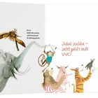 Text: "Swuschhhhh... Hurra!, brüllen alle entzückt, endlich hat jemand die Spülung gedrückt. Jubel juchhe - jetzt geht’s aufs WC!" 

Abgebildet sind fröhliche Tiere, die sich um eine Toilette versammeln.