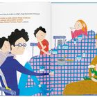 „Warum hast du es denn so eilig?“, fragt Mama. Fröhliche Familie am Frühstückstisch mit Katze und Baby in farbenfroher Illustration.