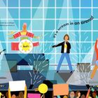 Oben: „So now you know...in an arena!“ Eine Band spielt auf einer Bühne vor jubelndem Publikum mit bunten Schildern.