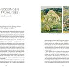 "VERHEISSUNGEN DES FRÜHLINGS", Isabelle Lecomte. Zitat: „schnell und übervoll von Bildern liefen die Frühlingstage weg“. Links Text über Frühling, Bilder von Bäumen rechts.