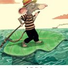 "Juni: Montag bis Sonntag, 1 bis 30. Illustration einer Maus mit Strohhut auf einem Blatt, das als Floß auf Wasser treibt."