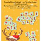 Ratsch! Rudolfs Einkaufsliste wurde geschreddert; Wörter: He, Me, ufc, enect, Gösc, kehl, Ssk, na. Rentier mit Mütze.