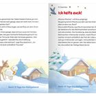 Zwei bunte Illustrationen zeigen eine schneebedeckte Landschaft mit Tieren und Hütten im Schnee.