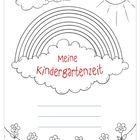 Text: "Meine Kindergartenzeit." Illustration: Regenbogen über Wolken, Sonne mit Gesicht, Blumen am Rand.