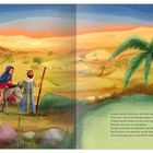 Text: "Da legte Josef, der Zimmermann, den Hobel weg ... das Laufen fiel ihr schwer." Illustration: Maria auf einem Esel, Josef mit Stab.