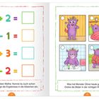 4+2, 5-1, 2+3, 6-2. Monster lieben Mathe. Monster Olivia: Aufstehen, Zähneputzen, Rucksack, Schule.