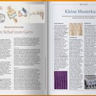 **Titel links:** "Vom Schaf zum Garn"

**Text:**  
- **Scheren:** Ein- bis zweimal jährlich werden Schafe geschoren.
- **Waschen:** Rohwolle von Schmutz befreien.
- **Kämmen:** Verarbeitung durch Kämmen.

**Titel rechts:** "Kleine Musterkunde"

**Text:**
- **Strukturmuster**
- **Ajourmuster**
- **Farbmuster**
- **Zopfmuster**

**Bilder:**  
- Links oben: Illustrationen zur Wollverarbeitung.  
- Rechts: Strickmuster-Fotos.