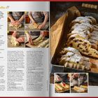 "Früchtestollen. Backen ca. 1 Stunde." Zutaten und Schritte zum Backen eines Stollens. Bilder zeigen Zubereitung.