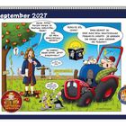 Kalenderblatt mit: "September 2027". Cartoon zeigt Isaac Newton unter einem Apfelbaum und ein Bauer auf einem Traktor.