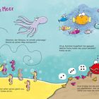 „Tief im Meer“: Ein Oktopus, Kugelfisch und Fische, bunte Seepferdchen, eine Krabbe mit Muscheln am Meeresboden in einer Zeichnung.