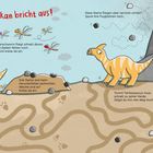 "Der Vulkan bricht aus!" Illustration mit Dinosaurier, Libellen und Vulkan. Flugbahnen und Fußabdrücke im Sand sichtbar.
