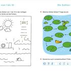 Die Zahlen von 1 bis 10. Verbinde in Reihenfolge. Welche Zahlen fehlen? Fülle die Lücken. Zeichnung mit Wasser, Fröschen.