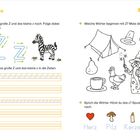 "Z wie Zebra" in gelb oben. Anleitungen zum Nachspuren Buchstabe Z. Illustration: Zebra, Zelt, Zauberer, gnomartige Figuren. Wörter: Herz, Pilz, Kerze, Brezel.