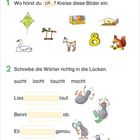"Wörter mit ch" und "Wo hörst du ch? Kreise diese Bilder ein." Aufgaben mit Bildern und Lücken zum Ausfüllen.